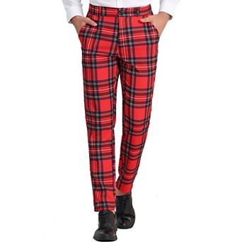 Men's Checked Suit Pants Flat Front Elastic Waist Plaid Pant