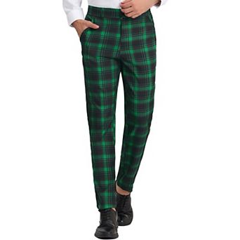 Men's Checked Suit Pants Flat Front Elastic Waist Plaid Pant