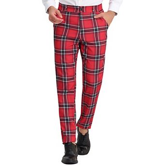 Men's Checked Suit Pants Flat Front Elastic Waist Plaid Pant