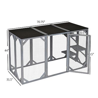PawHut Cat Cage Wooden Pet Enclosure with Waterproof Roof, Platforms, Grey