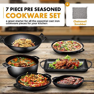 Pre Seasoned Cast Iron 7 Piece Bundle Gift Set, Double Dutch, Rectangular Grill