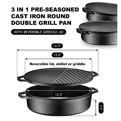 3-In-1 Pre-Seasoned Cast Iron Rectangle Pan With With Reversible Grill Griddle