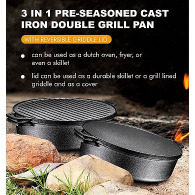 3-In-1 Pre-Seasoned Cast Iron Rectangle Pan With With Reversible Grill Griddle