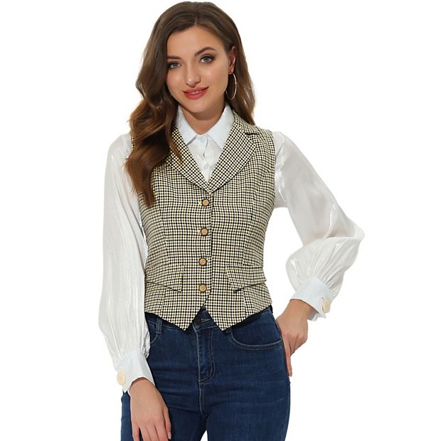 Allegra K Women's Vintage Plaid Button-Down Work Dressy Waistcoat Vests  Brown X-Large