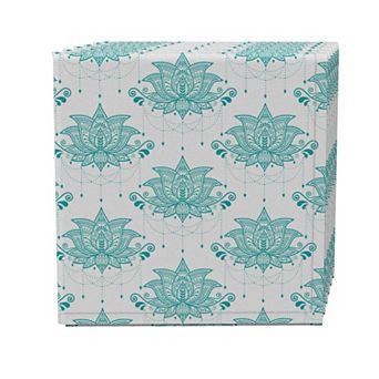 Napkin Set of 4, 100% Cotton, 20x20", Turquoise Lotus Flower