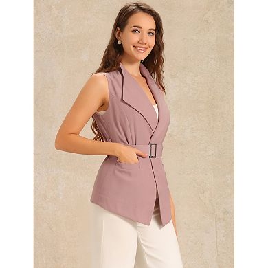 Women's Shawl Collar Open Front Belted Sleeveless Blazer Vest