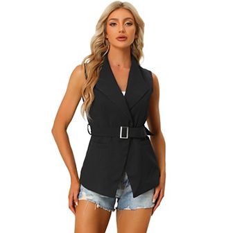 Women's Shawl Collar Open Front Belted Sleeveless Blazer Vest