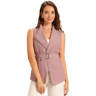 Women's Shawl Collar Open Front Belted Sleeveless Blazer Vest