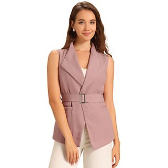 Women's Shawl Collar Open Front Belted Sleeveless Blazer Vest