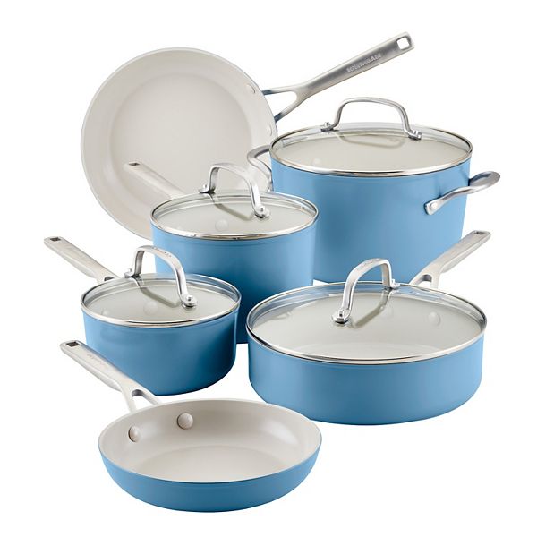 KitchenAid Hard Anodized Ceramic Nonstick Cookware Pots and Pans Set, 10-Piece, Blue Velvet