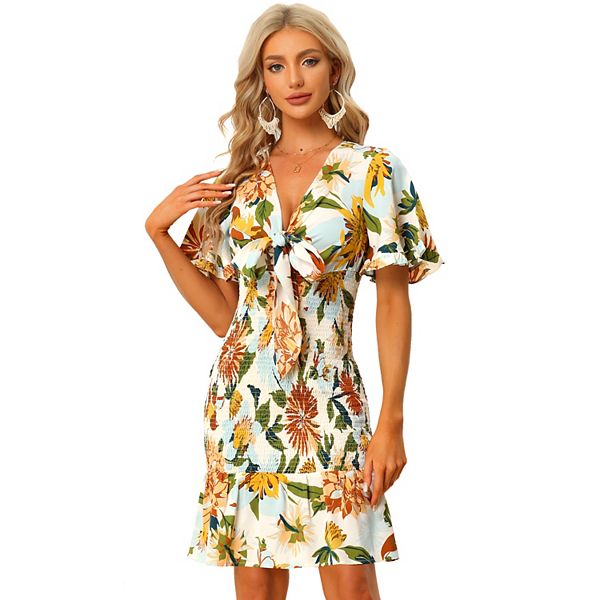 Women's Smocked Bodycon Dress for Women's V Neck Knot Tropical Floral ...