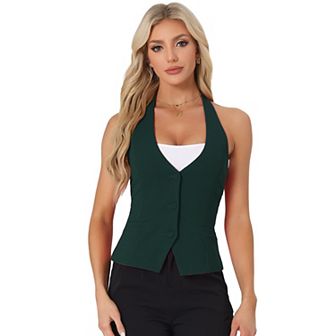 Women's Halter Neck Sleeveless Button Down Dressy Suit Waistcoat Vest