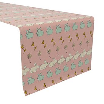 Table Runner, 100% Cotton, 16x72", Easter Bunnies and Flowers Stripe