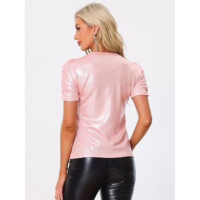 Women's Glitter Twist Top Round Neck Puffy Sleeve Stretch Casual T-Shirt