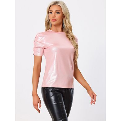 Women's Glitter Twist Top Round Neck Puffy Sleeve Stretch Casual T-Shirt