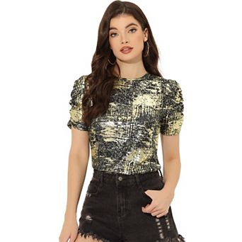 Women's Glitter Twist Top Round Neck Puffy Sleeve Stretch Casual T-Shirt