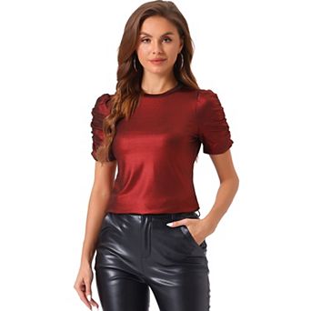 Women's Glitter Twist Top Round Neck Puffy Sleeve Stretch Casual T-Shirt