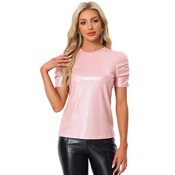 Women's Glitter Twist Top Round Neck Puffy Sleeve Stretch Casual T-Shirt