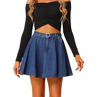 Women's Summer High Waist A-line Mini Denim Skirt With Belt