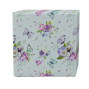 Napkin Set of 4, 100% Cotton, 20x20", Blooming Flowers and Butterflies
