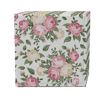 Napkin Set of 4, 100% Cotton, 20x20", White and Pink Rose Bunches