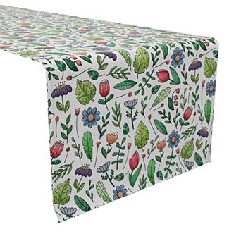 Table Runner, 100% Cotton, 16x90", Leaves and Flowers Garden
