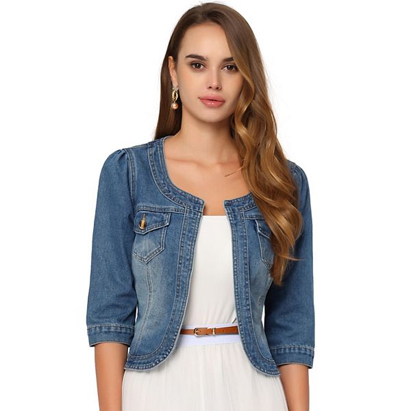 Women's Jean Jacket Collarless 3/4 Sleeve Denim Jackets