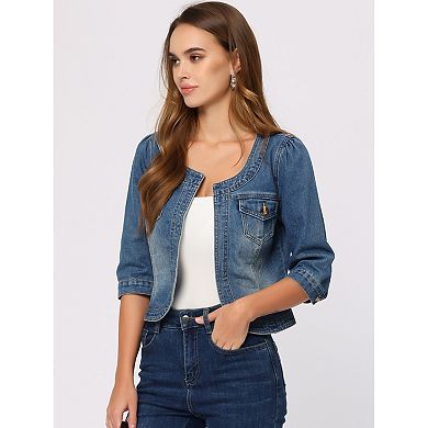 Women's Jean Jacket Collarless 3/4 Sleeve Denim Jackets