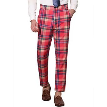 Men's Plaid Business Pants Regular Fit Formal Prom Checked Trousers