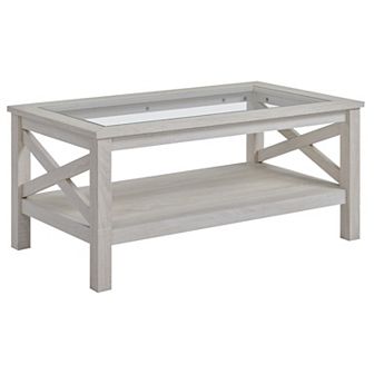 Cottage Style Living Room Media Console Table With Bottom Storage Shelf & X Bar