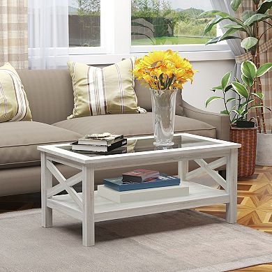 Cottage Style Living Room Media Console Table With Bottom Storage Shelf & X Bar