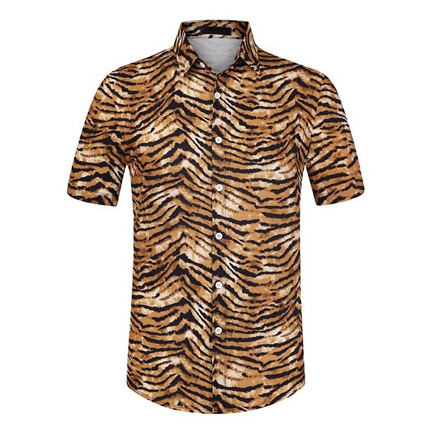 Lars Amadeus Men s Animal Print Short Sleeves Button Down Casual Summer Printed Shirts Tiger Print Small