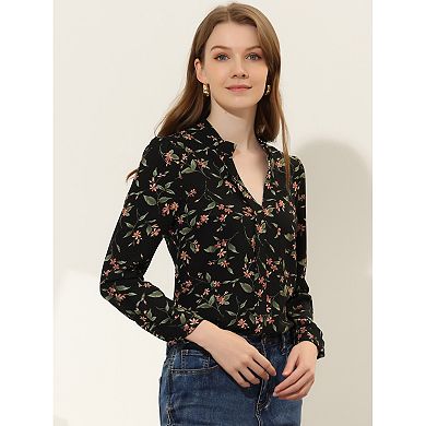 Women's Floral Print V Neck Office Long Sleeve Blouse