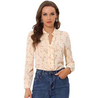 Women's Floral Print V Neck Office Long Sleeve Blouse
