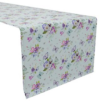 Table Runner, 100% Cotton, 16x72", Blooming Flowers and Butterflies