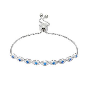 Brilliance Silver Plated Blue & White Crystal Evil Eye Link Adjustable Bracelet