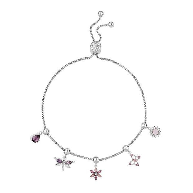 Brilliance Fine Silver Plated Purple Crystal Dragonfly, Flower & Butterfly Charm Adjustable Bracelet, Women's, Size: 8