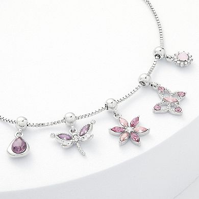 Brilliance Fine Silver Plated Purple Crystal Dragonfly, Flower & Butterfly Charm Adjustable Bracelet