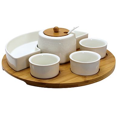 Elama Signature 8 Piece Appetizer Serving Set with 4 Serving Dishes, Center Condiment Server, Spoon, andwood Serving Tray