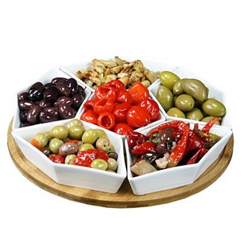 Elama Signature 12 Inch 7 pc Condiment Server Set with Awood Lazy Suzan Serving Tray