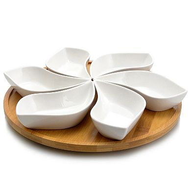 Elama Signature Modern 13.5 Inch 7pc Lazy Susan Appetizer and Condiment Server Set with 6 Unique Design Serving Dishes and Awood Lazy Suzan Serving Tray