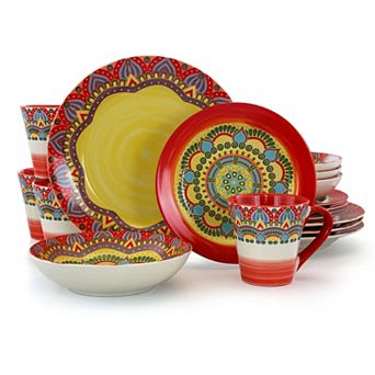 Elama Zen Red Mozaik 16 pc Luxurious Stoneware Dinnerware with Complete Setting for 4, 16 pc