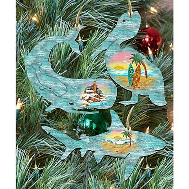Set of 3 - Coastal Wooden Ornaments - Whale,Shark,Pelican - by G. DeBrekht - Coastal Holiday Decor