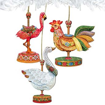 Set of 3 - Carousel Wooden Ornaments Rooster, Goose, Flamingo by G. DeBrekht - Christmas Decor