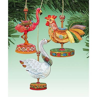 Set of 3 - Carousel Wooden Ornaments Rooster, Goose, Flamingo by G. DeBrekht - Christmas Decor
