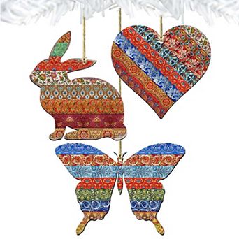 Set of 3 - Quilted Wooden Holiday Ornaments by G. DeBrekht - Easter Spring Decor