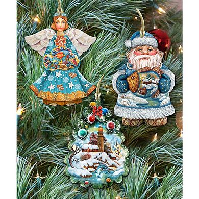 Set of 3 - Coastal Wooden Ornaments by G. DeBrekht - Coastal Holiday Decor