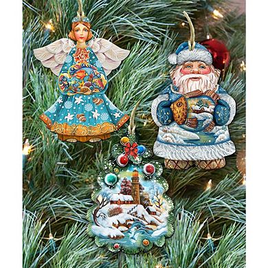 Set of 3 - Coastal Wooden Holiday Ornaments by G. DeBrekht - Coastal Holiday Decor