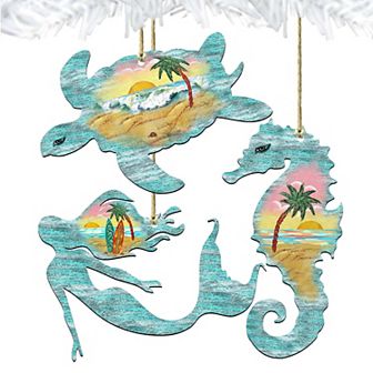 Set of 3 - Coastal Wooden Ornaments - Sea Turtle,Mermaid,Seahorse by G. DeBrekht - Coastal Holiday Decor