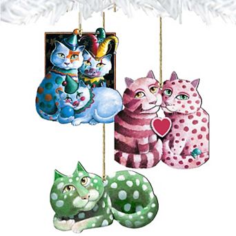 Set of 3 - Whimsical Cats Wooden Holiday Ornaments by Laura Seeley - Pets Dog and Cats Decor